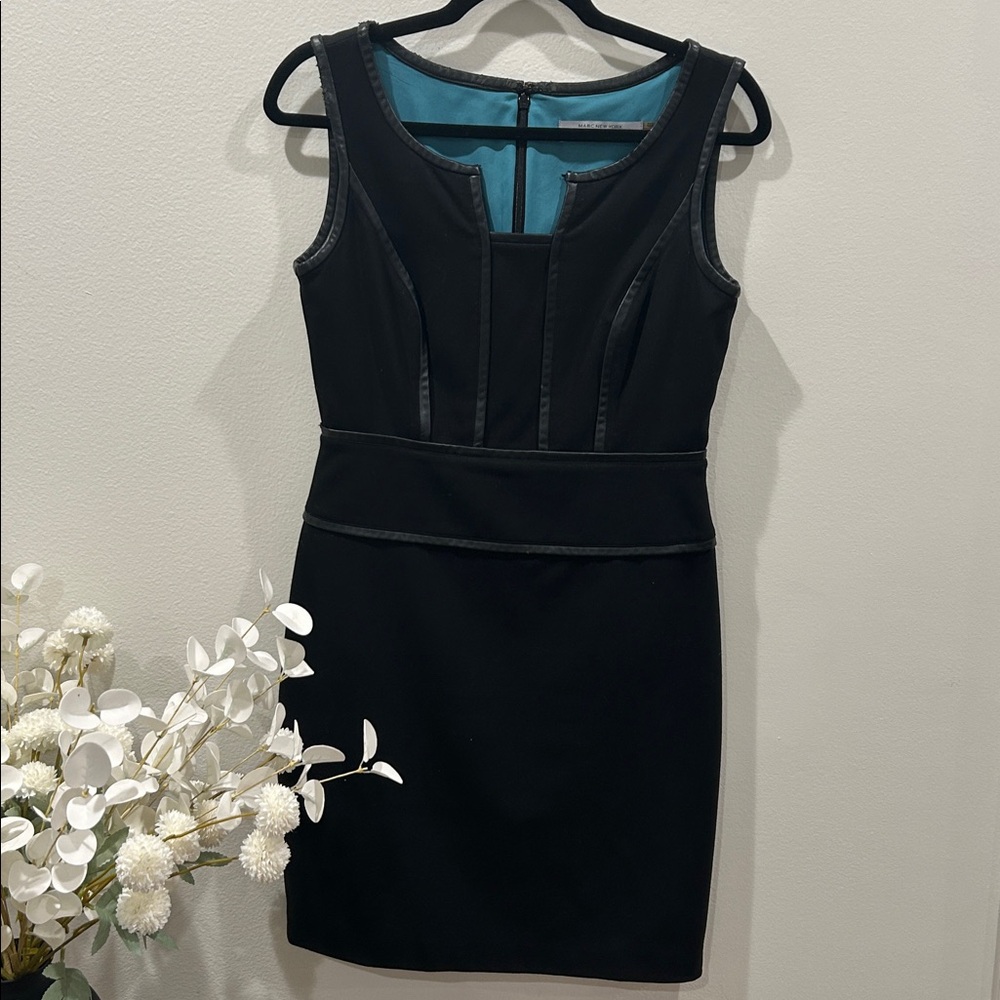 Marc New York fitted black dress with faux black leather trim!